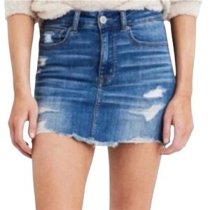HP. AEO Hi-Rise Mini Denim Raw Hem Distressed Super Stretch Skirt Sz 0